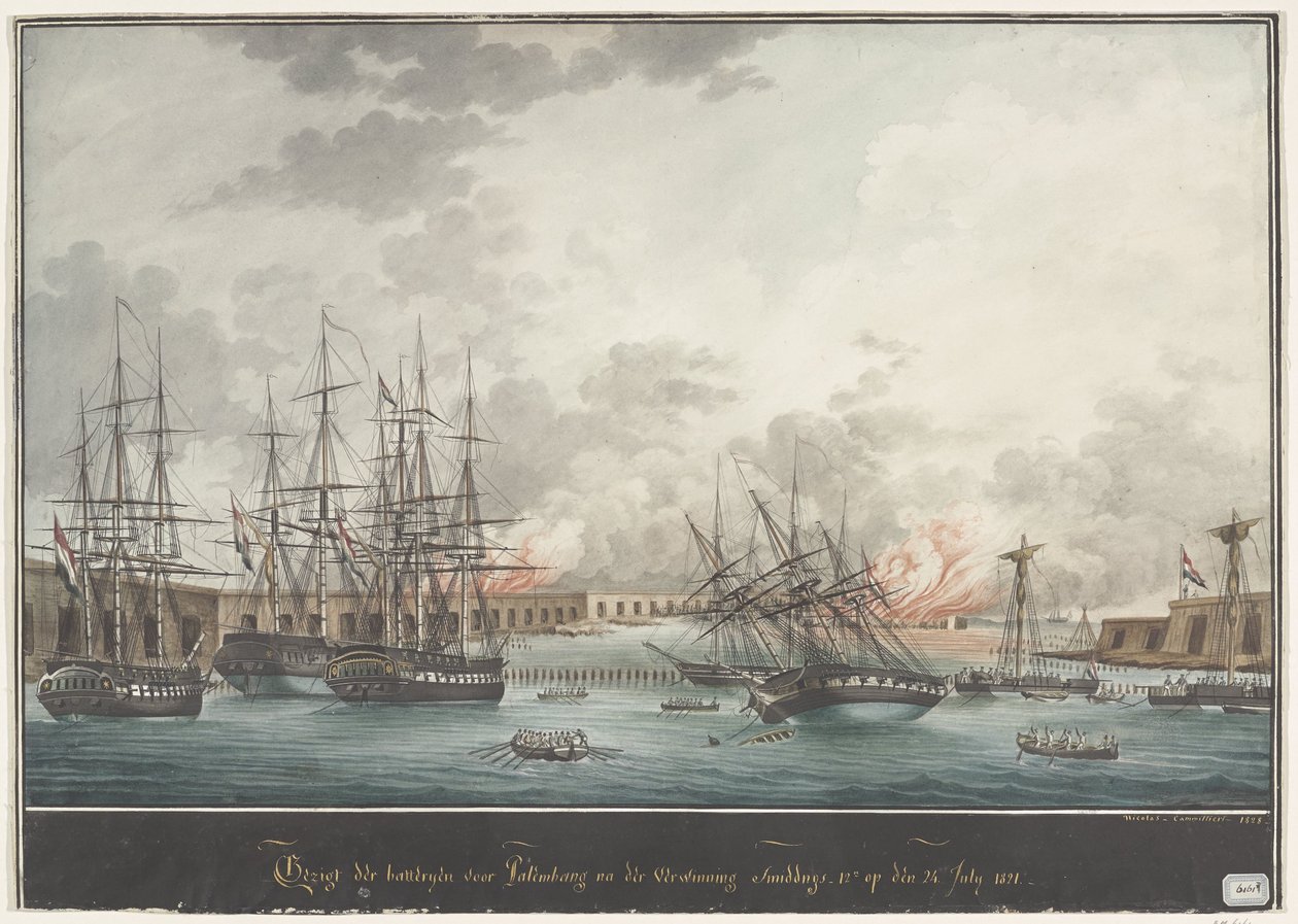 Utsikt over batteriene for Palembang etter seieren på ettermiddagen - 12t. den 24. juli 1821 (tittel på objekt) av Nicolas Cammillieri