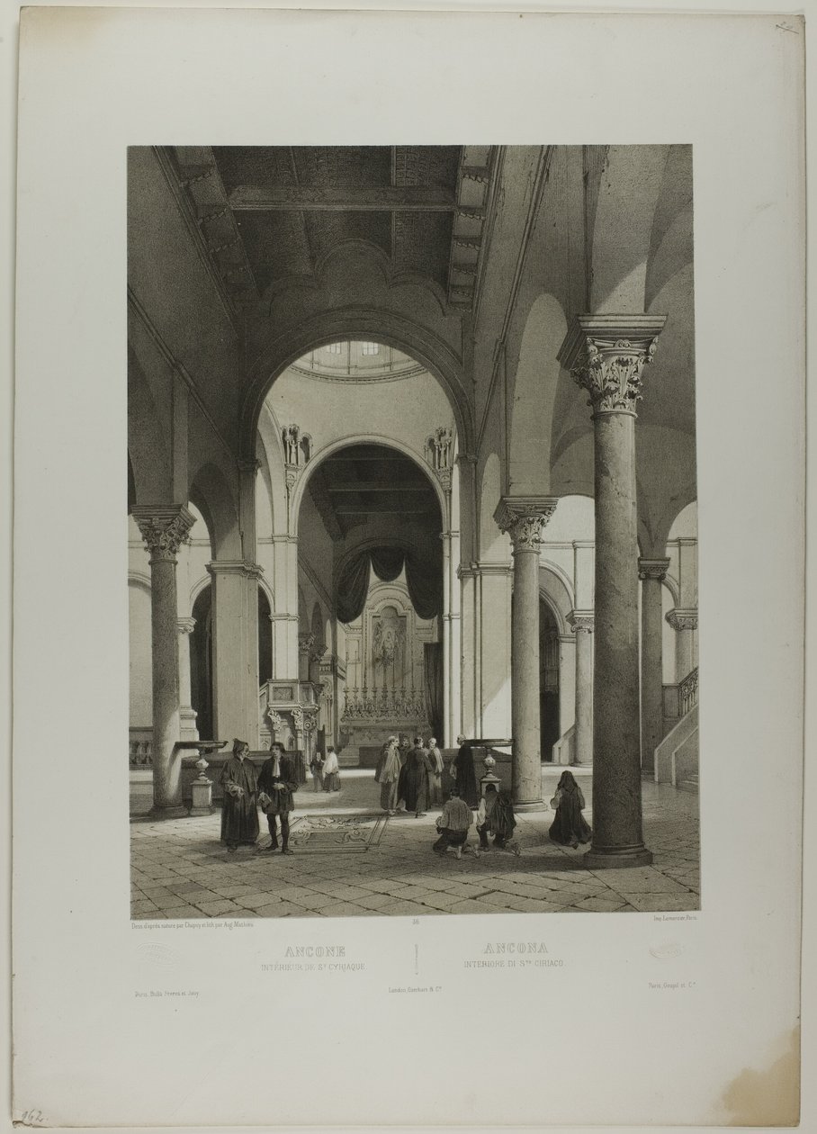 Ancona: Interiøret til St. Syriacus, plate 38 fra Det monumentale og pittoreske Italia av Nicolas Chapuy