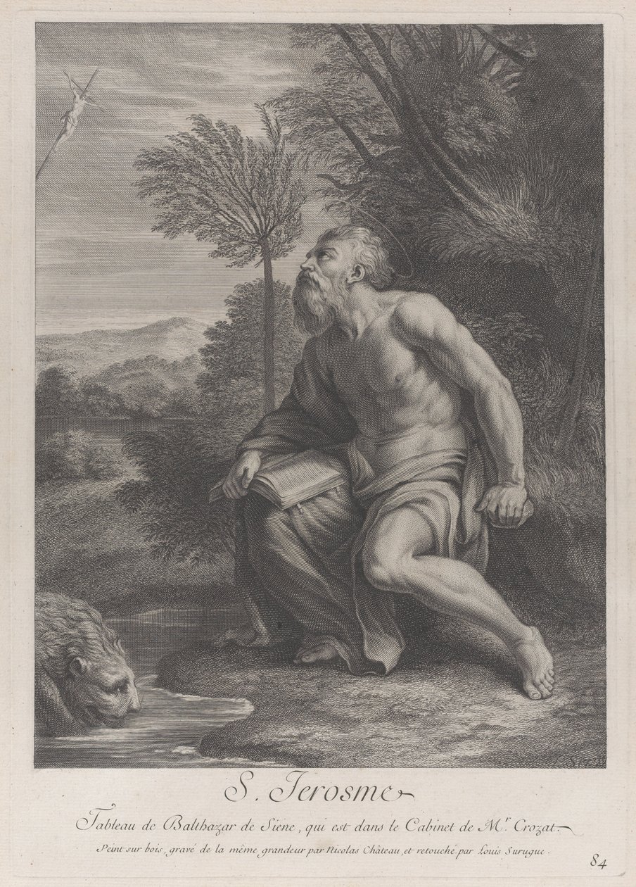 Sankt Hieronymus sitter ved et tre og ser opp på et krusifiks, en løve som drikker vann fra en str..., 1728 av Nicolas Chateau