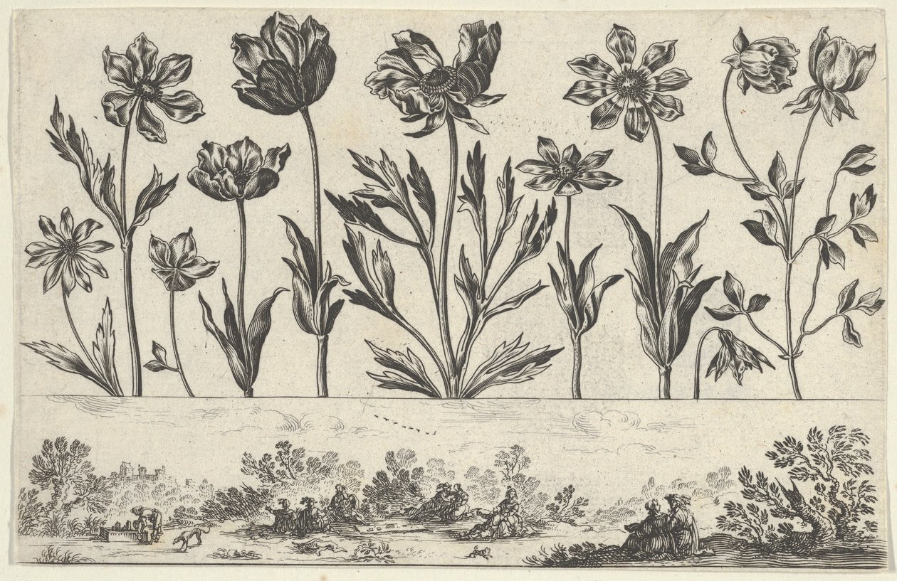 Horisontalt panel med en rad med blomster over en frise med figurer i et landskap, fra Li..., 1645. av Nicolas Cochin