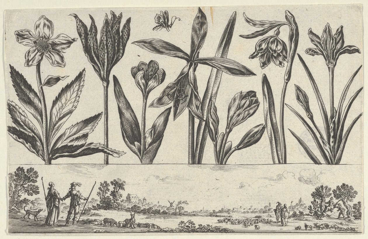 Horisontalt panel med en rad med blomster over en frise med figurer i et landskap, fra Li..., 1645. av Nicolas Cochin