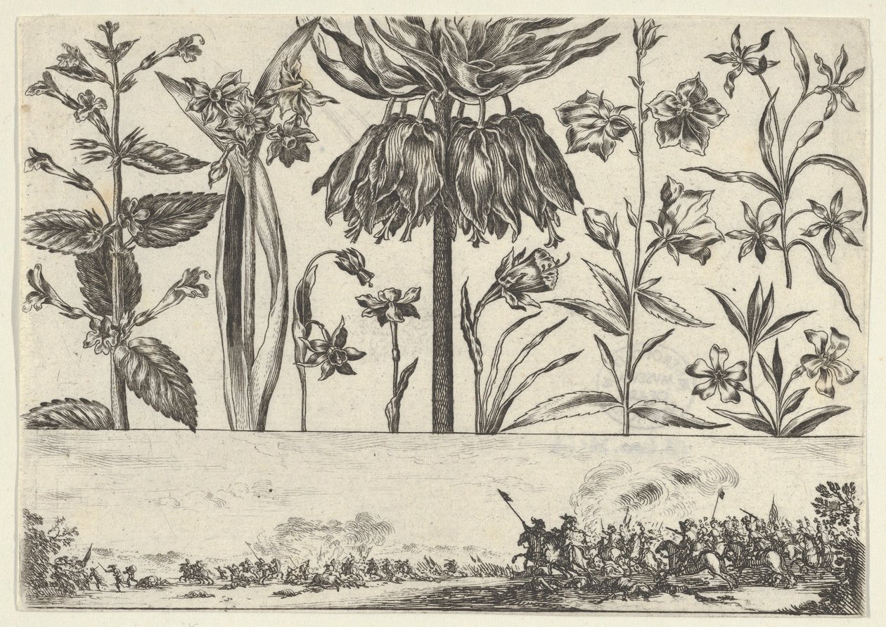 Horisontalt panel med en rad med blomster over en frise med en kampscene i et landskap, ..., 1645. av Nicolas Cochin