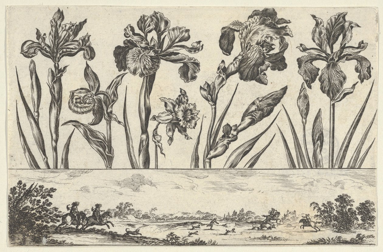 Horisontalt panel med en rad med blomster over en frise med en jaktscene i et landskap,..., 1645. av Nicolas Cochin