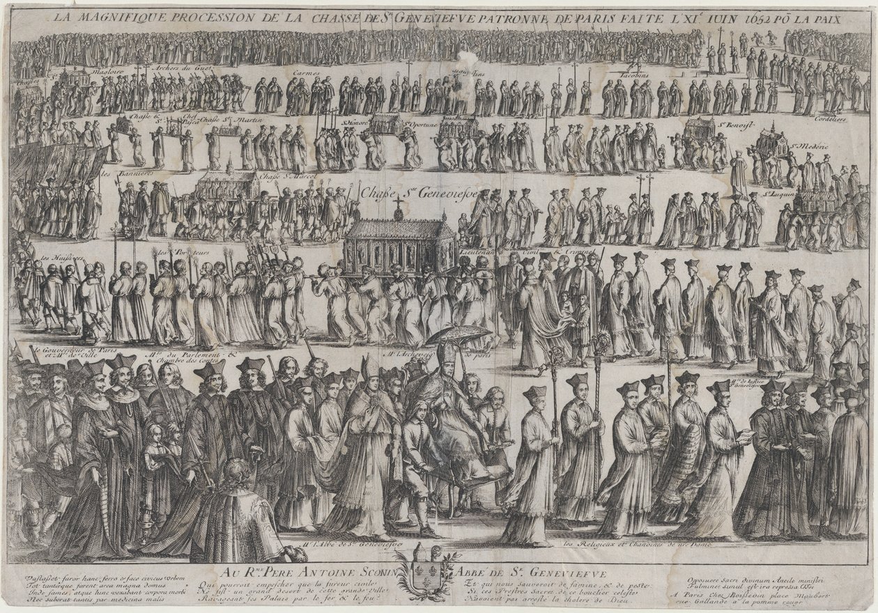 Prosesjonen av St. Genevieves kiste, med geistlige og lekmenn som marsjerte i seks rader..., 1652. av Nicolas Cochin