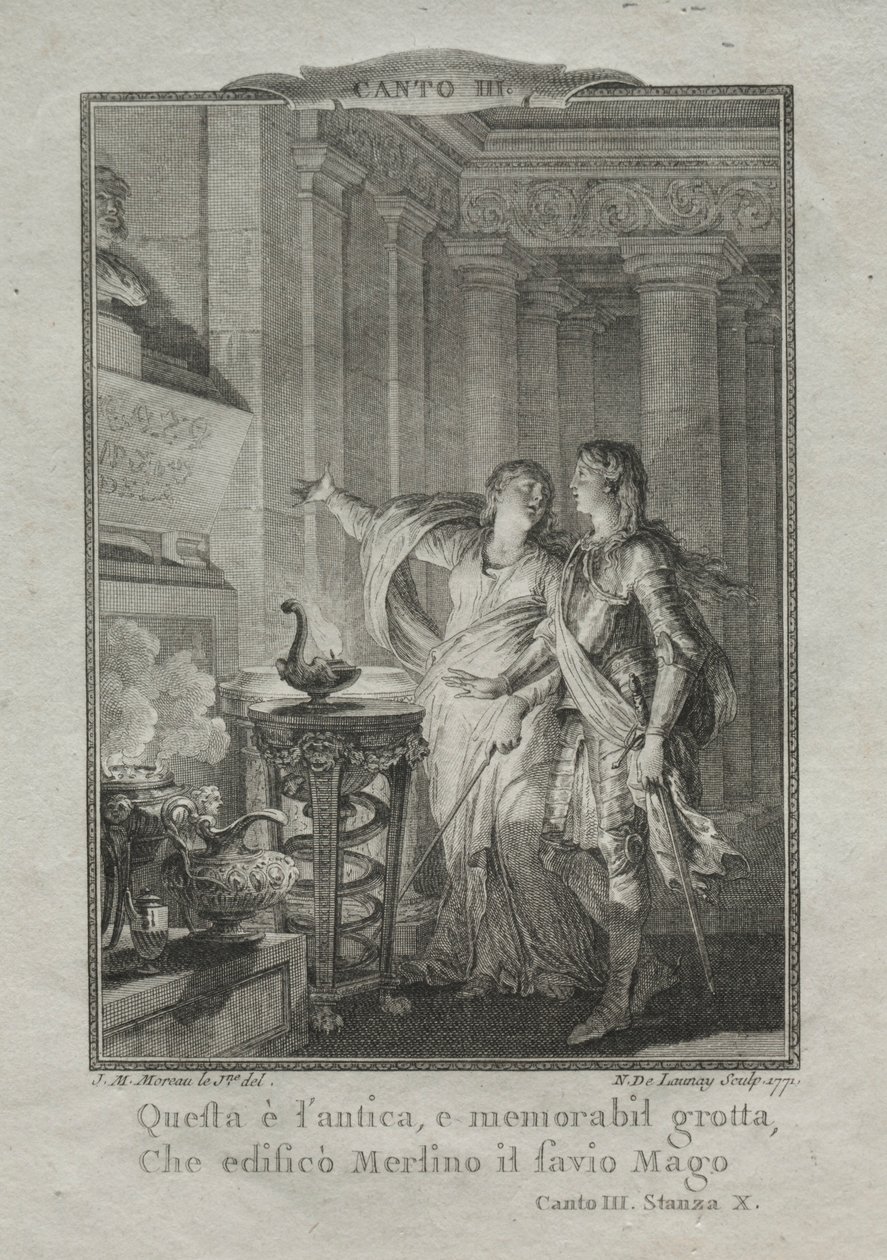I grotten til Merlin, tryllekunstneren, 1771. av Nicolas Delaunay