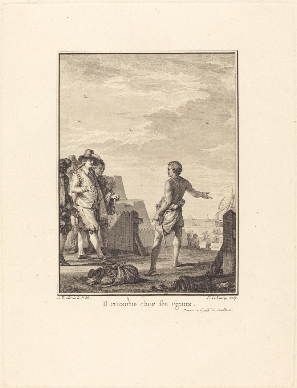 Tale om likestilling: Han vender tilbake til sine likemenn av Nicolas Delaunay after Jean Michel Moreau