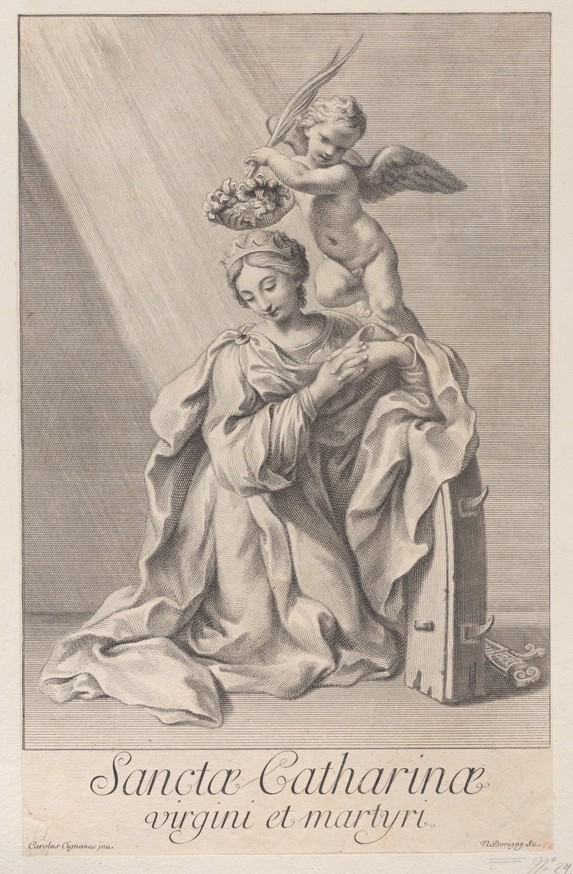 Saint Catherine of Alexandria, knelende med albuen hvilende på pigghjulet, og en..., 1698. av Nicolas Dorigny