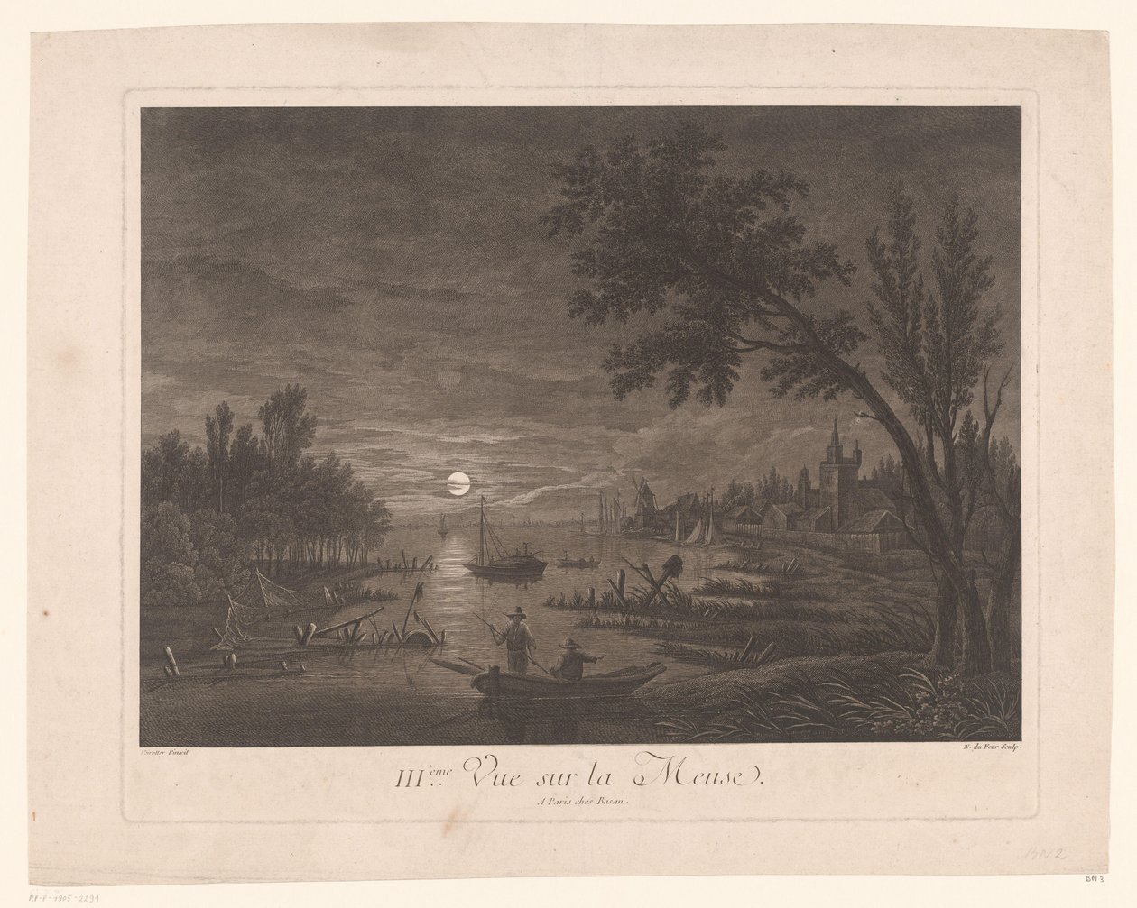 Nattutsikt over Maas med fiskere III.ème Vue sur la Meuse. (tittel på objekt) av Nicolas Dufour