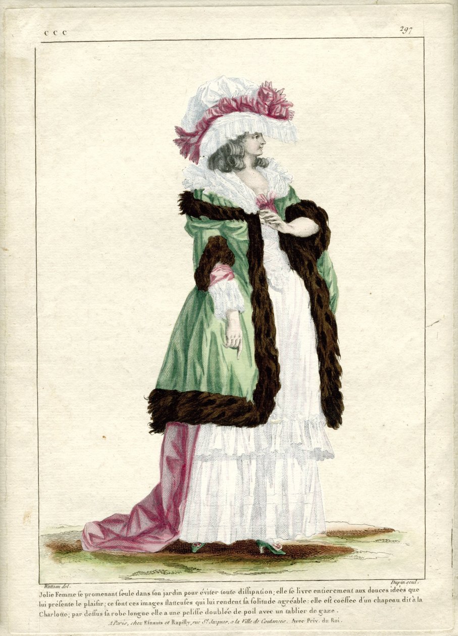 Gallerie des Modes et Costumes Francais, 1785, CCC 297: Pretty Woman walking alone... av Nicolas Dupin