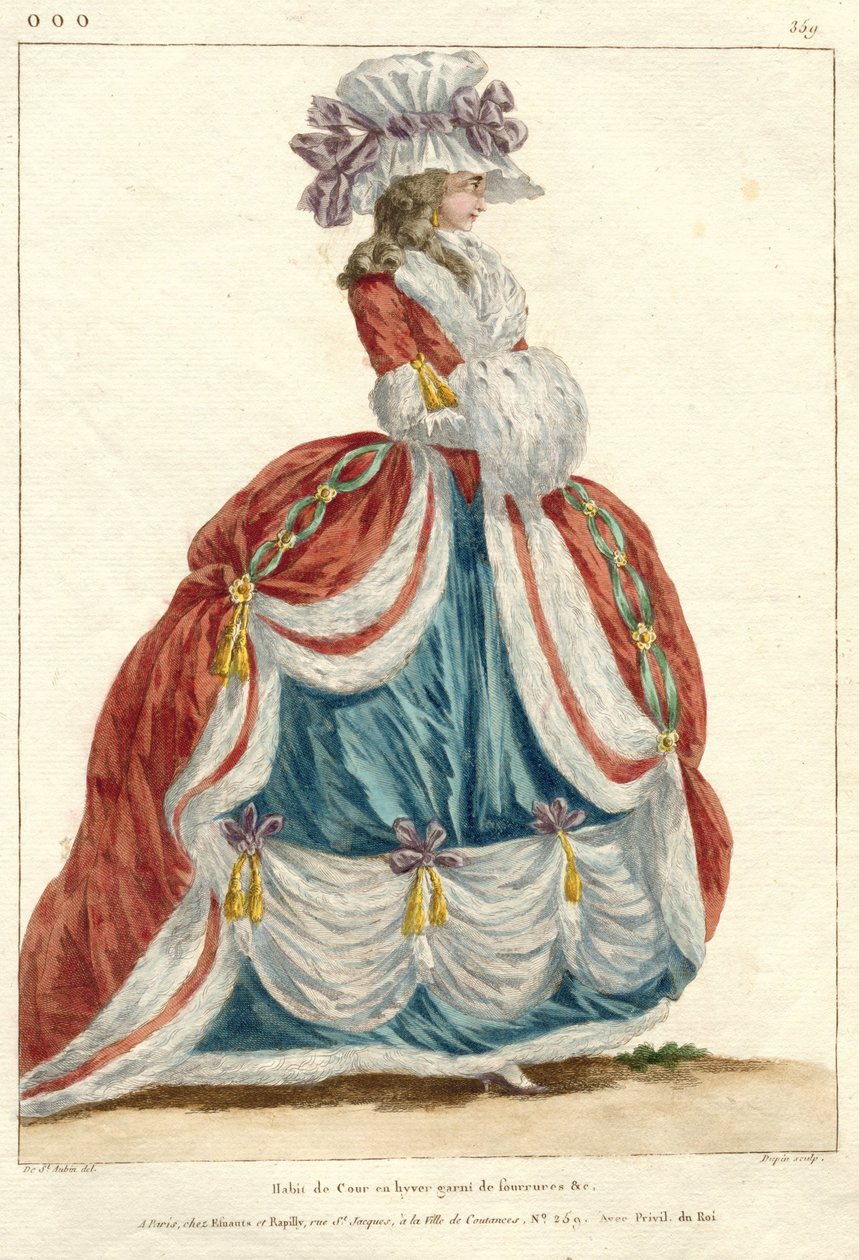 Marie Antoinette: The Queen of Fashion: Fransk mote- og kostymegalleri Gallerie des Modes et Costumes Francais, 1787, ooo.359, Hofkjole om vinteren (tittel på objekt) av Nicolas Dupin
