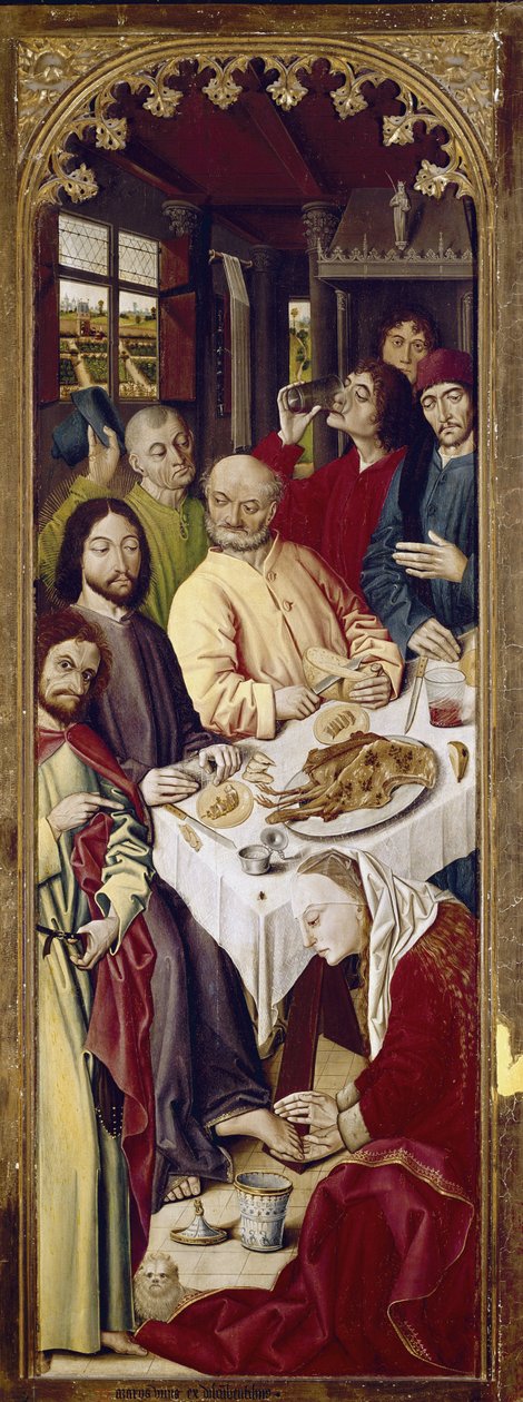 Triptyk: Maria Magdalena vasker Jesu føtter (høyre panel) (tempera på panel av Nicolas Froment