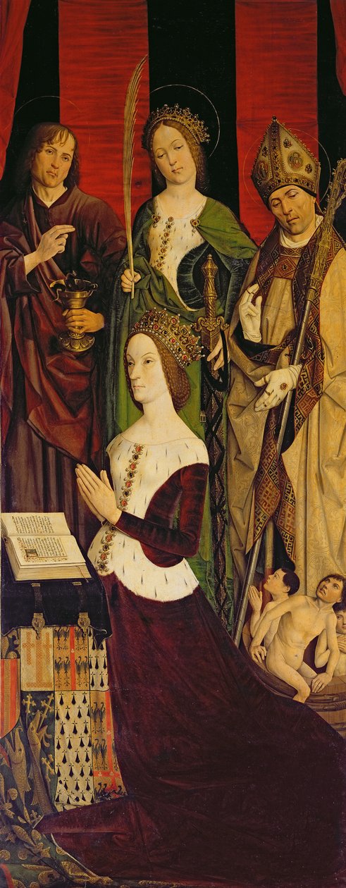 Triptych of Moses and the Burning Bush, høyre panel som viser Jeanne de Laval (d.1498) med St. John, St. Catherine og St. Nicholas, ca. 1476 (se også 26542, 173010 og 232840) av Nicolas Froment