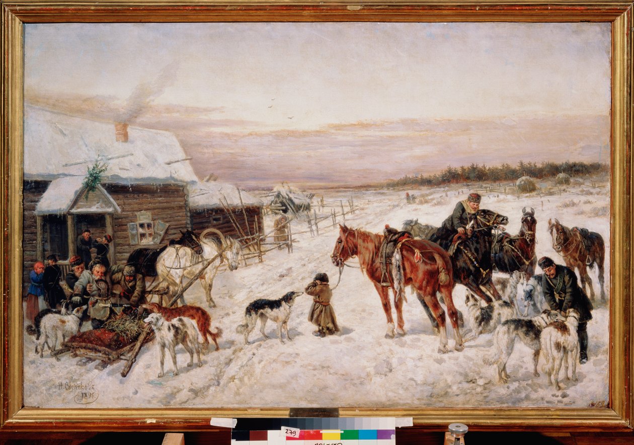 Før en pub om vinteren - Maleri av Nikolai Yegorovich Sverchkov (Nicolas Swertschkoff) (1817-1898), olje på lerret av Nicolas Gregorovitch Svertschkoff
