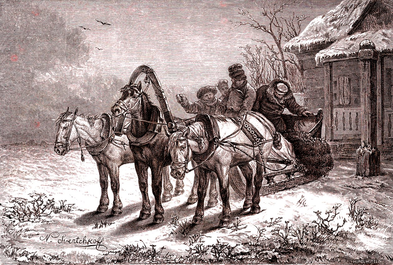 Russland. Stafettstasjon i 1865. Posthus.1865 (Gravering) av Nicolas Gregorovitch Svertschkoff
