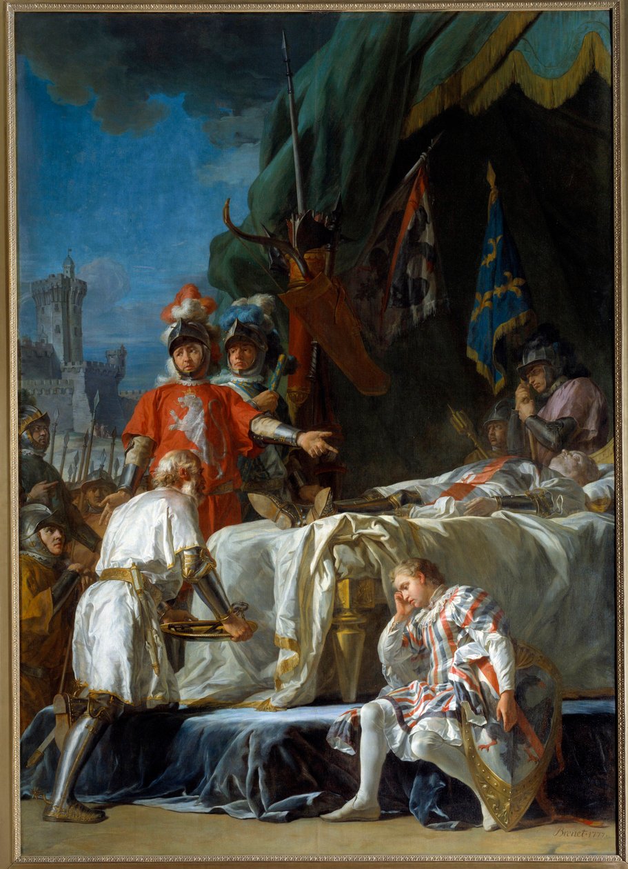 Hundreårskrig: "" Bernard du Guesclins død (1320-1380) før Chateauneuf de Randon den 13.07.1380"" Maleri av Nicolas Guy Brenet (1728-1792) 1700-talls søn. 3,83x2,64 m Paris, av Nicolas Guy Brenet
