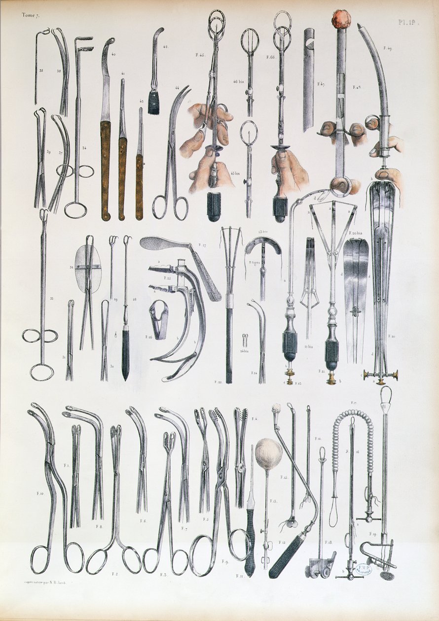 Kirurgiske instrumenter for mandeloperasjoner, tallerken fra 'Traite Complet de l'Anatomie de l'Homme' av Jean-Baptiste Marc Bourgery (1797-1849) 1866-67 av Nicolas Henri Jacob