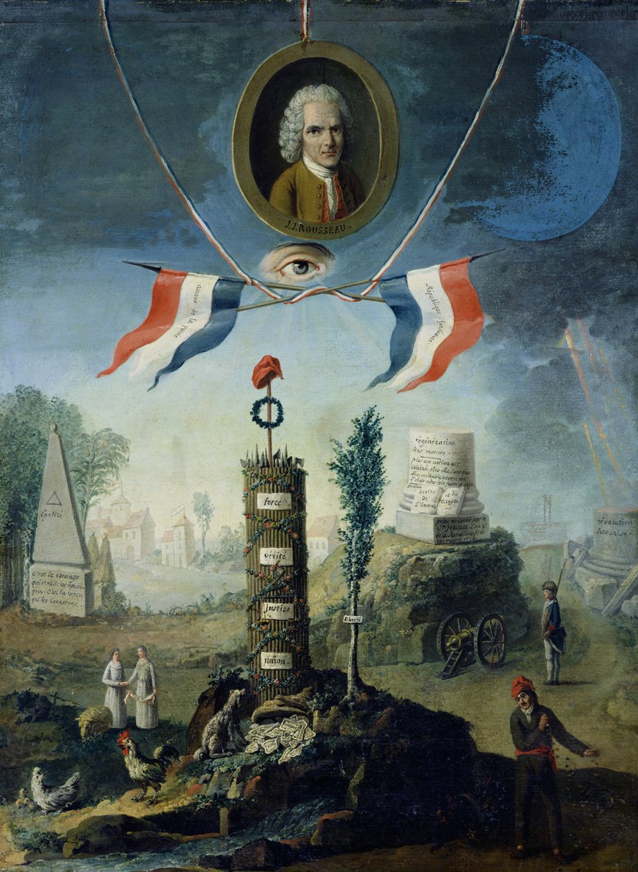 En allegori om revolusjonen med en portrettmedaljong av Jean-Jacques Rousseau (1712-78) 1794 av Nicolas Henri Jeaurat de Bertry