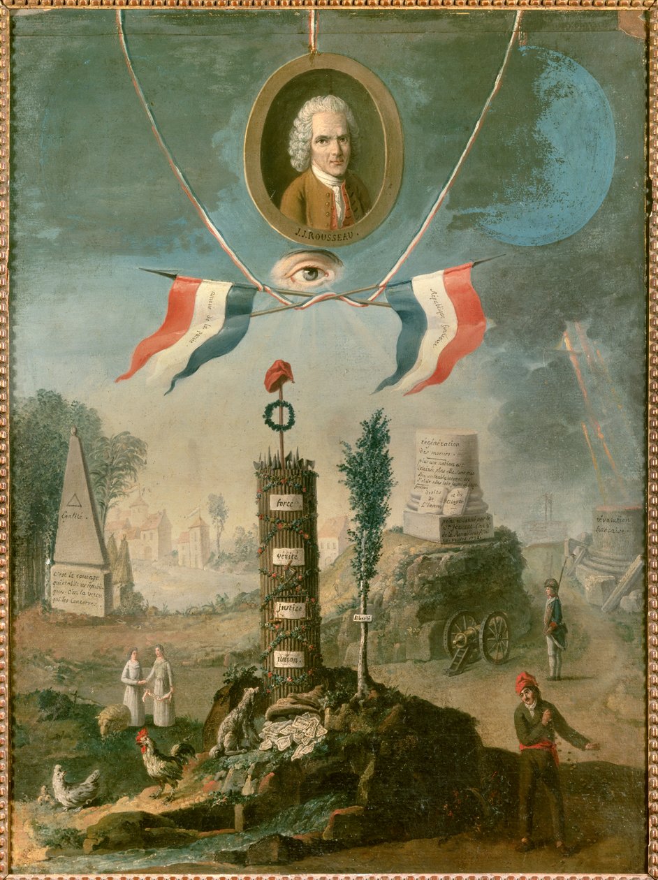 Revolutionary Allegory: Portrett av Jean Jacques Rousseau, sveitsisk filosof (1712-1778), med symboler på revolusjon. Maleri av Nicolas Henri Jeaurat De Bertry (1728-apr. 1796) av Nicolas Henri Jeaurat de Bertry