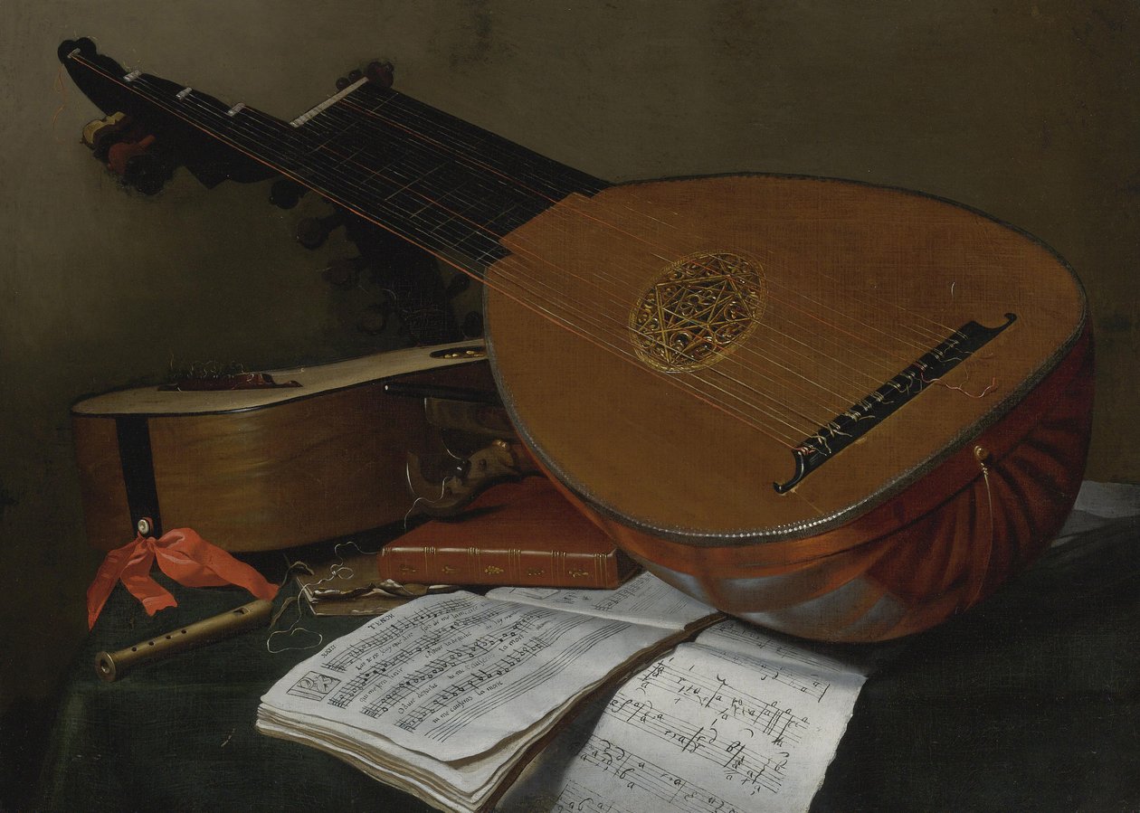 Stilleben med lutt og gitar av Nicolas Henri Jeaurat de Bertry