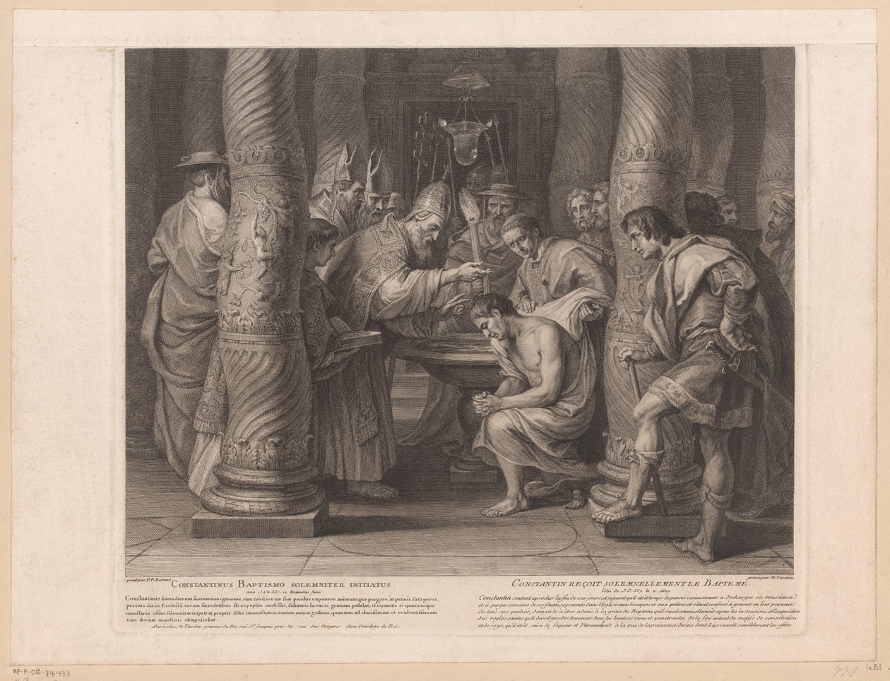 Dåp av keiser Konstantin av pave Silvester I Constantinus baptismo solemniter initiatus / Constantin reçoit solemnelllement le baptème (tittel på objekt) Historie om keiser Konstantin den store (serietittel) av Nicolas Henri Tardieu