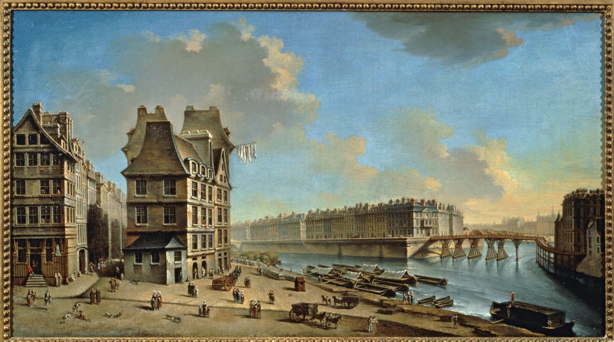 Ile Saint-Louis og Pont Rouge sett fra Place de Greve, Paris (maleri på lerret) av Nicolas & Jean Baptiste (1715-93) Raguenet