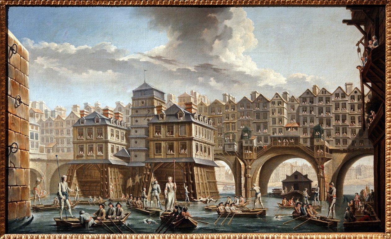 Prammernes dyst, mellom Notre Dame-broen og Pont au Change av Nicolas and Jean Baptiste Raguenet