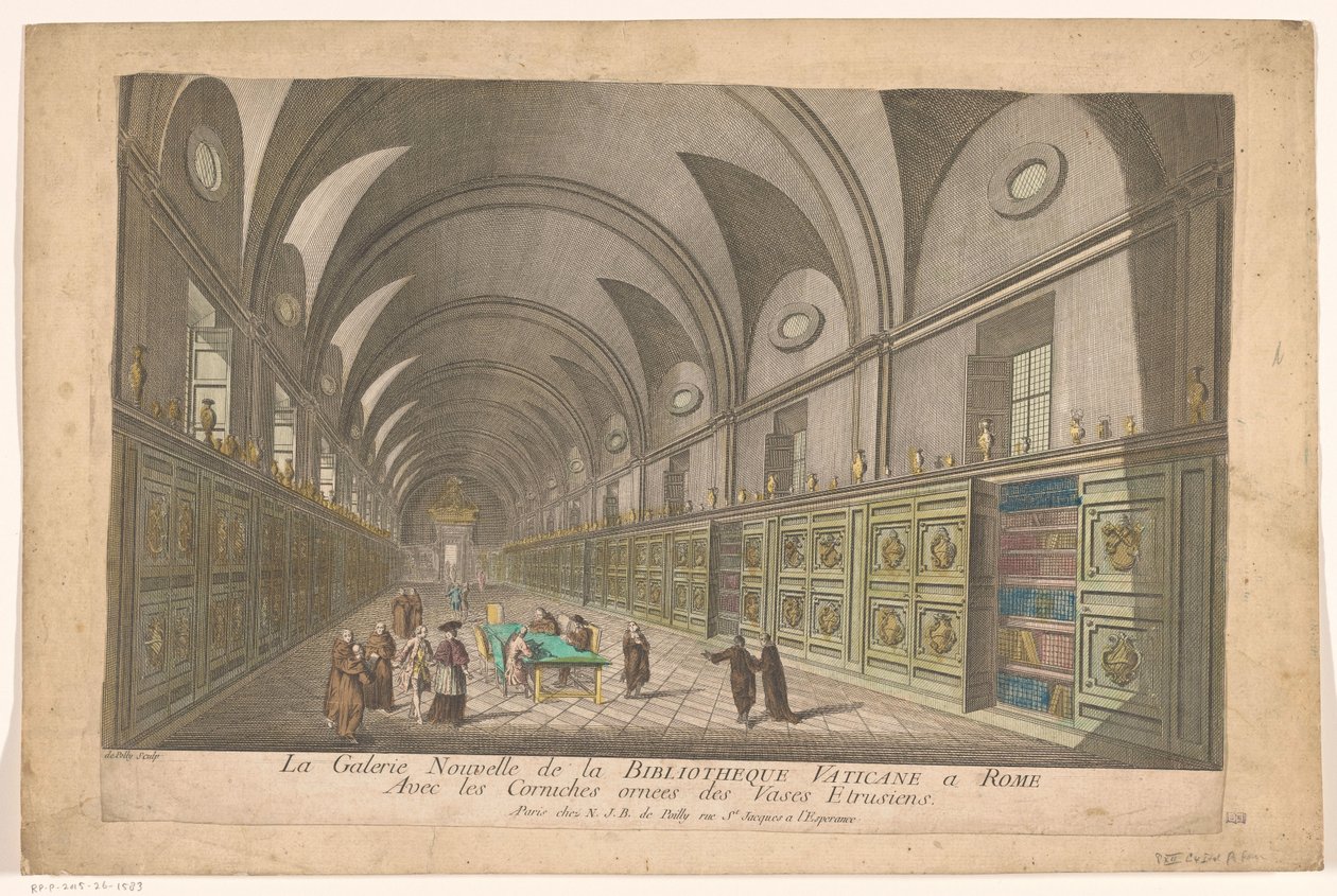 Galleri i Vatikanets bibliotek Det nye galleriet til Vatikanets bibliotek i Roma med gesimsene dekorert med etrusiske vaser (tittel på objekt) av Nicolas Jean Baptiste Poilly