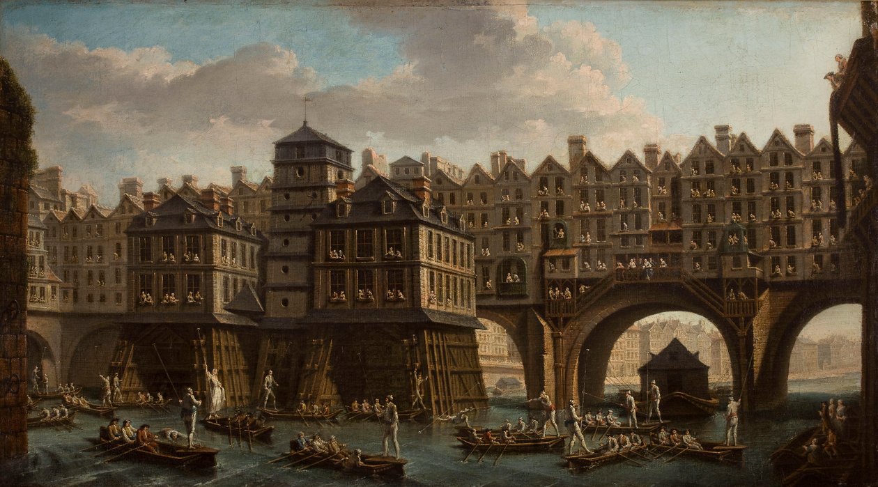 Sailors Jousting, Mellom Pont Notre Dame og Pont-Au-Change, Paris, 1756. av Nicolas Jean Baptiste Raguenet