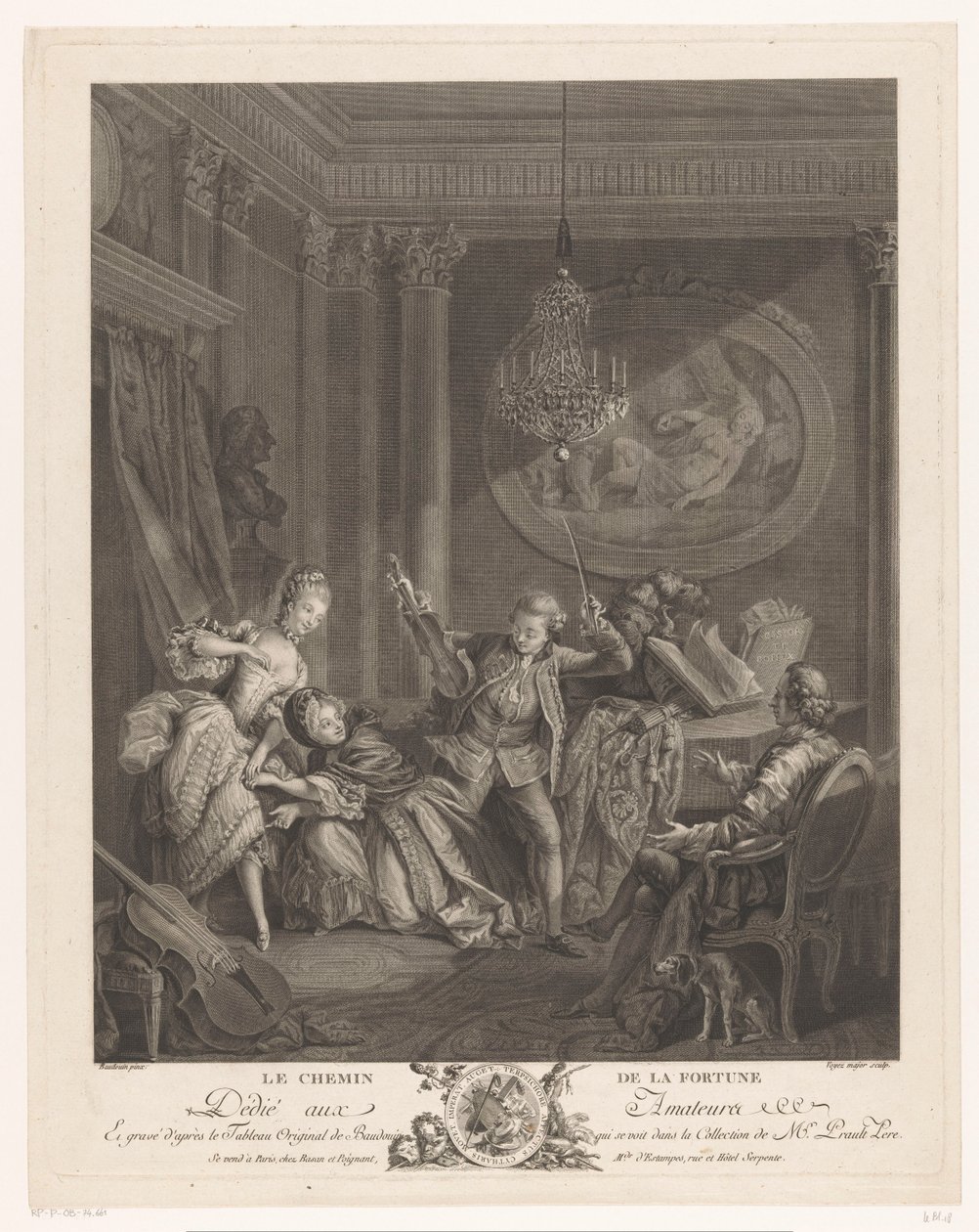 En fiolinist og to unge kvinner i et interiør, en sittende mann ser på Le Chemin de la Fortune (tittel på objekt) av Nicolas Joseph Voyez