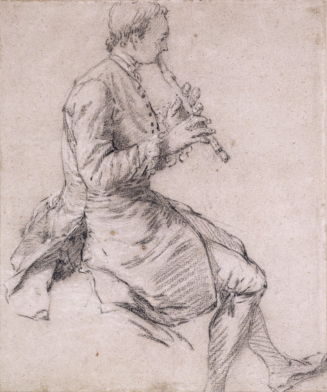 En sittende mann som spiller fløyte, i profil til høyre, ca. 1720-tallet av Nicolas Lancret