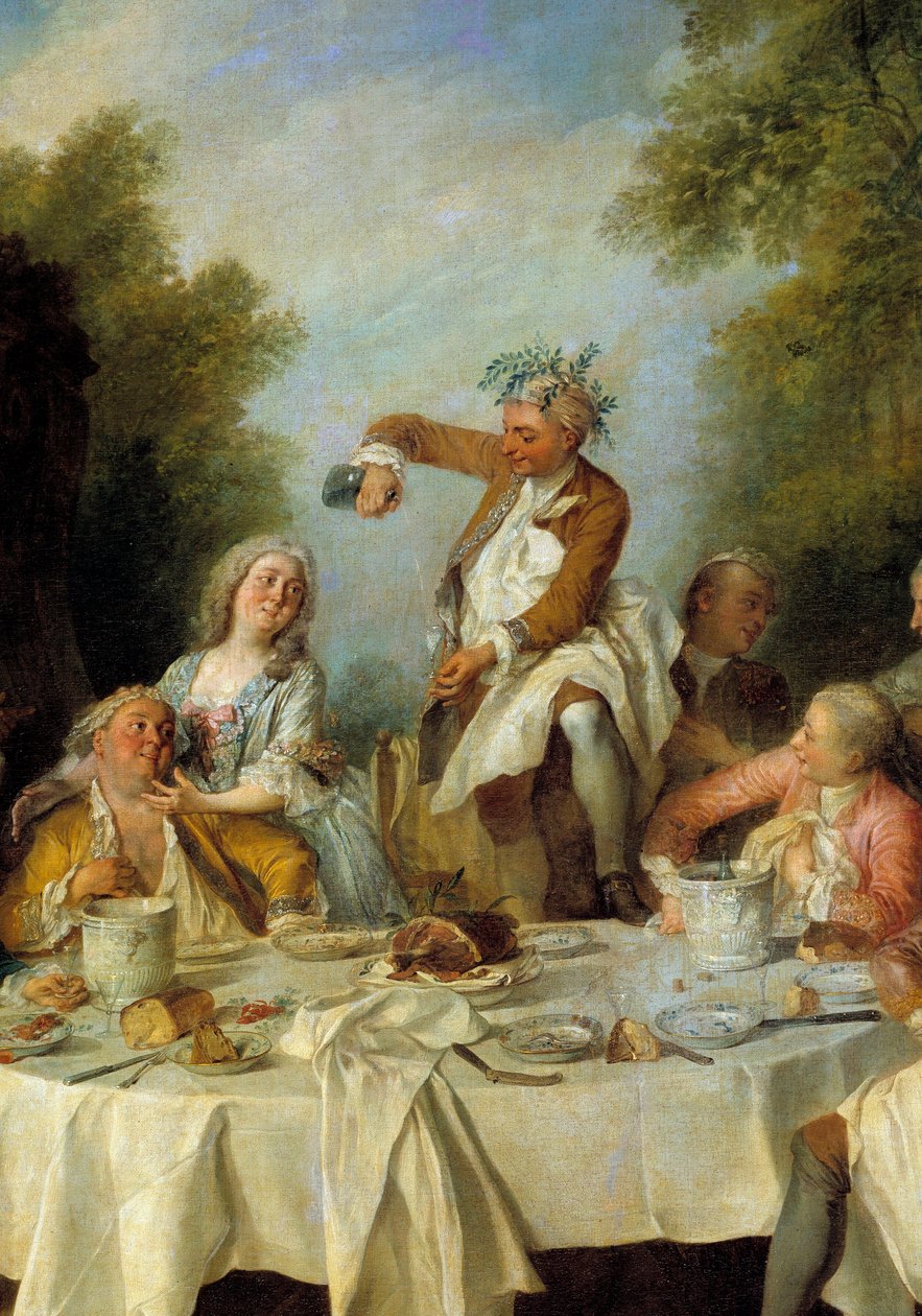Skinke frokost. Scene av en landsbankett rundt en skinke i adelen. Detalj. Maleri av Nicolas Lancret (1690-1743) 1735. Søn 1,8x1,2 m Chantilly, museum Conde av Nicolas Lancret