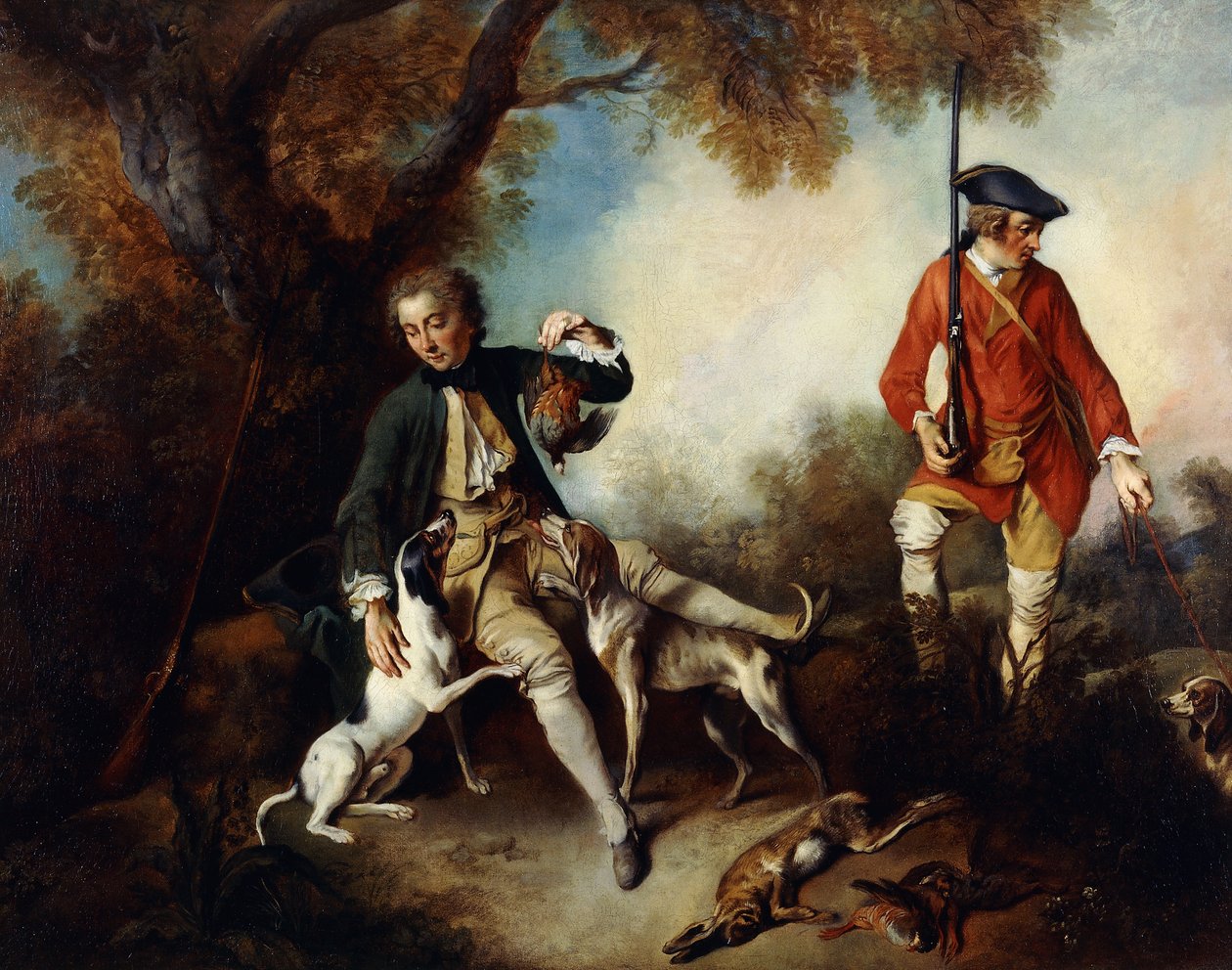 La Halte de Chasseurs": En jeger som holder en viltfugl og hviler ved et tre, hans tjener og hunder i nærheten, av Nicolas Lancret
