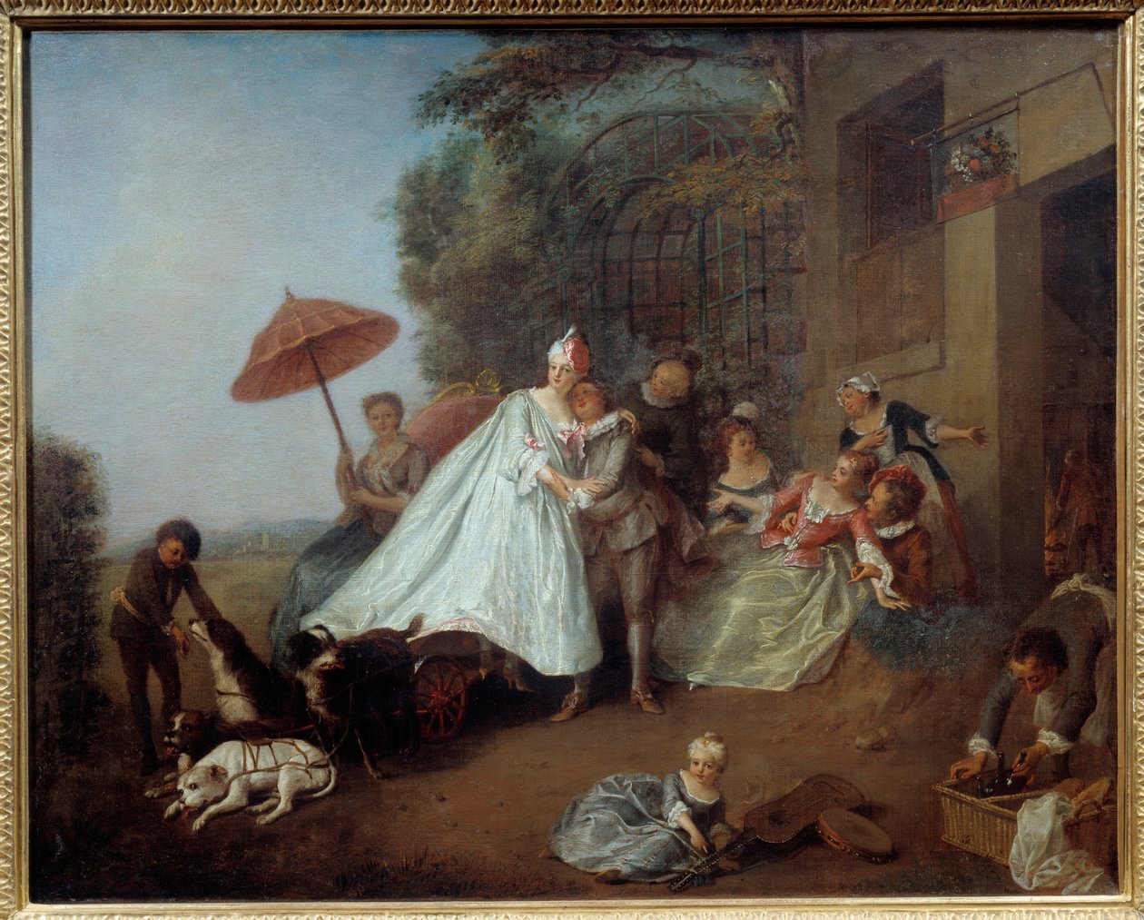 Ankomsten av en dame i en bil trukket av hunder. Maleri av Nicolas Lancret (1690-1743) av Nicolas Lancret