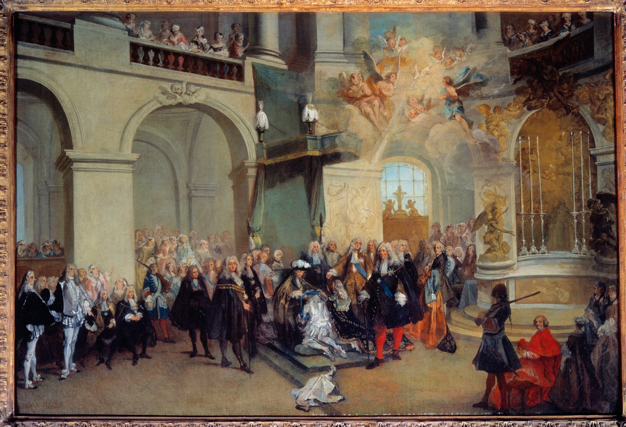 Overleveringen av Den Hellige Ånds Orden (Den Hellige Ånds Orden) i kapellet i Versailles 3/06/1724 Maleri av Nicolas Lancret (1690-1743) 1724 Søn. 0,56x0,81 m av Nicolas Lancret