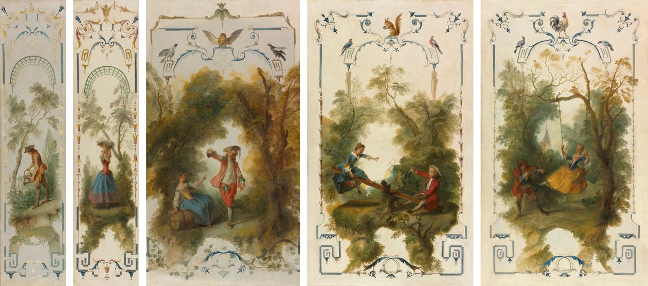 Veggpaneler: Gartneren, Hagebruk, Vingården, See-Saw, Gyngen av Nicolas Lancret
