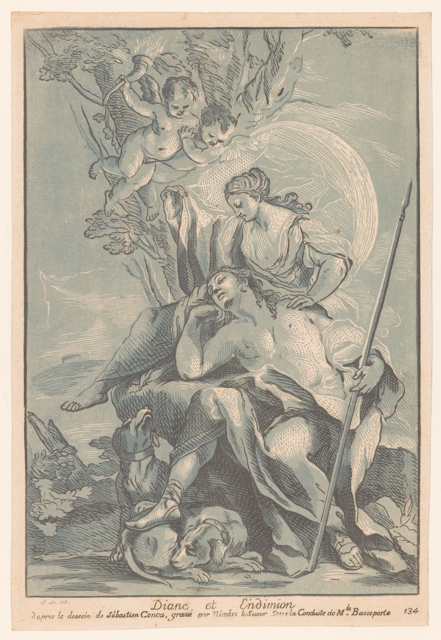 Diana som Endymion Diana og Endimion (tittel på objekt) Cabinet Crozat (serietittel) Samling av trykk fra de vakreste maleriene og fra de vakreste designene som finnes i Frankrike (serietittel) av Nicolas LeSueur