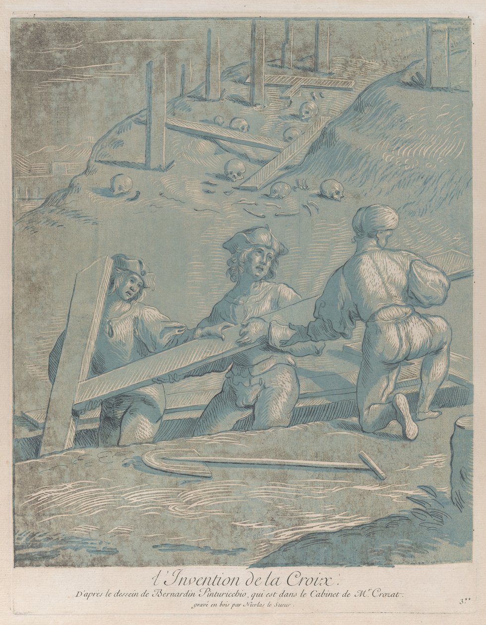 Oppfinnelsen av korset, tre menn som løfter et kors fra en grøft, fra 'Recueil ..., ca. 1729-64. av Nicolas Le Sueur
