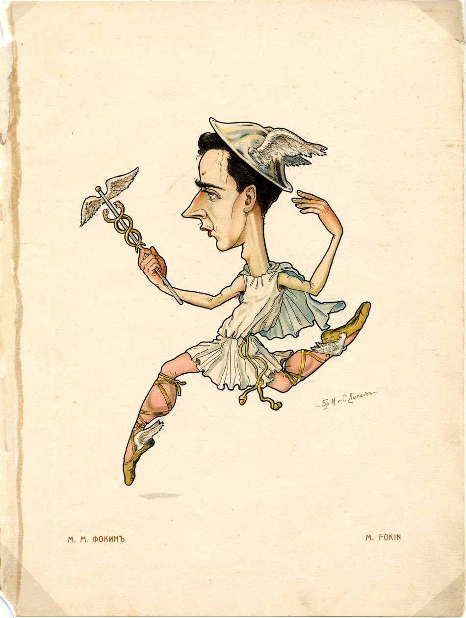 Portrett av Mikhail (Michel) Fokine (1880-1942) russisk danser og koreograf - Litografi av Nikolai Gustavovich Legat (1869-1937), utdrag fra Ballet russe en caricatures av Nicolas Legat