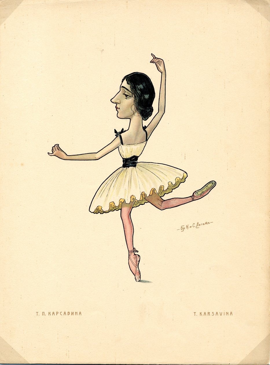 Portrett av Tamara Karsavina (1885-1978) Russisk ballerina - Litografi av Nikolai Gustavovich Legat (1869-1937), hentet fra Ballet russe en caricatures av Nicolas Legat