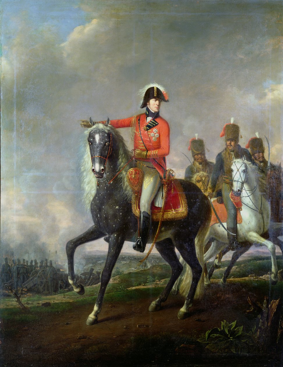 Ridesportrett av hertugen av Wellington med britiske husarer på en slagmark, 1814 av Nicolas Louis Albert Delerive