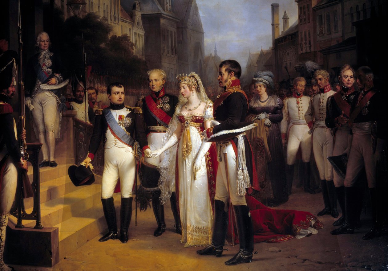 Keiser Napoleon Bonaparte (1769-1821) mottok dronning Louise av Preussen i Tilsit (Tilsitt) 6.07.1807. På trappa venter diplomaten Talleyrand. Maleri av Nicolas Louis Gosse (1787-1878) 1837 søn. 3,51x4,92 m Versailles, musee du Chateau - The av Nicolas Louis Francois Gosse