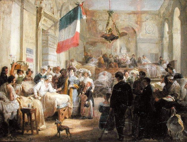 Dronning Marie-Amelie (1782-1866) på besøk til de sårede ved Ambulance de la Bourse, 25. august 1830 av Nicolas Louis Francois Gosse