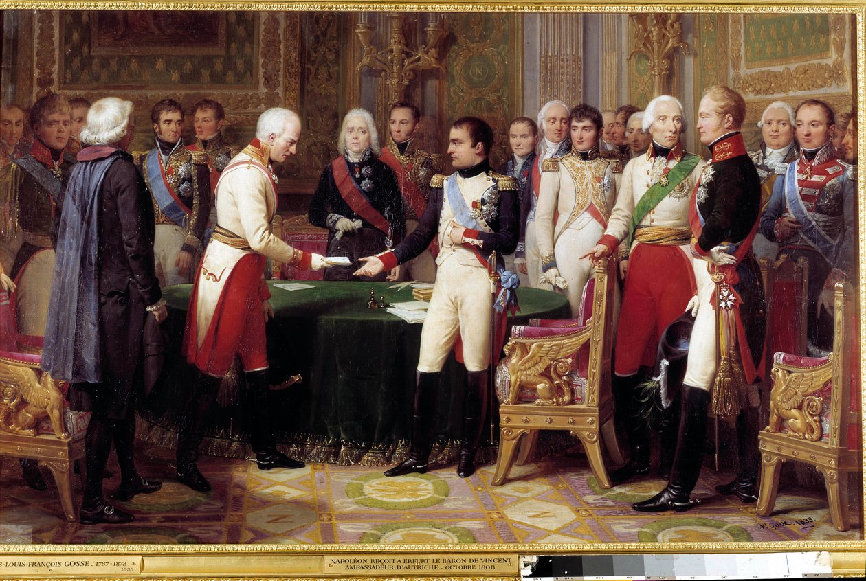 Intervjuet av Erfurt, 27. september - 14. oktober 1808: Napoleon I tok imot Baron Vincent, en østerriksk diplomat og sendt fra keiseren av Østerrike. Midt mellom de to karakterene ser vi Charles Maurice fra Talleyrand Perigord (1754-1838). Smerte av Nicolas Louis Francois Gosse