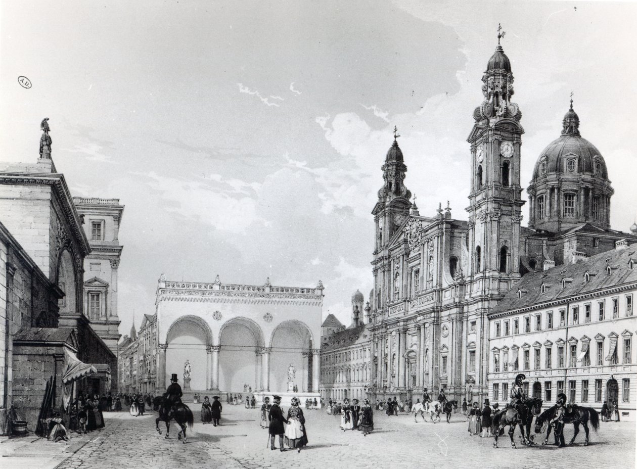 Royal Palace, Hall of Marshals og Theatines Church i München, første halvdel av det nittende århundre av Nicolas Marie Joseph Chapuy