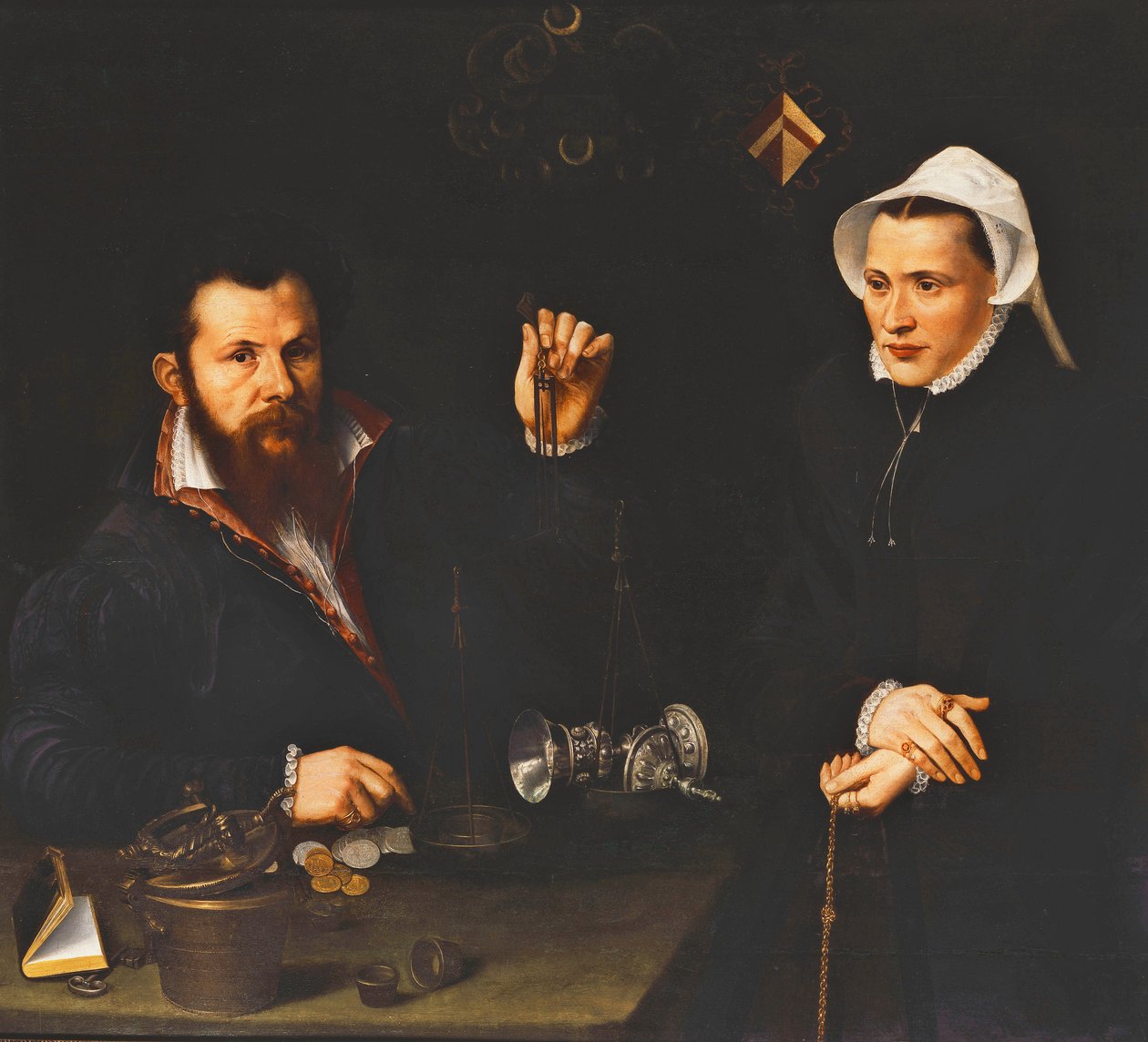 Portrett av en Essai-mester og hans kone, halvlang, ca. 1561-7 av Nicolas Neufchatel