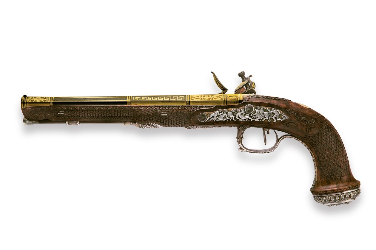 En av et par sølvmonterte riflede flintlåspistoler, Versailles av Nicolas Noel Boutet