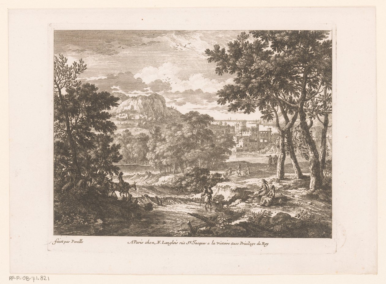 Fjelllandskap med figurer ved elva av Nicolas Perelle