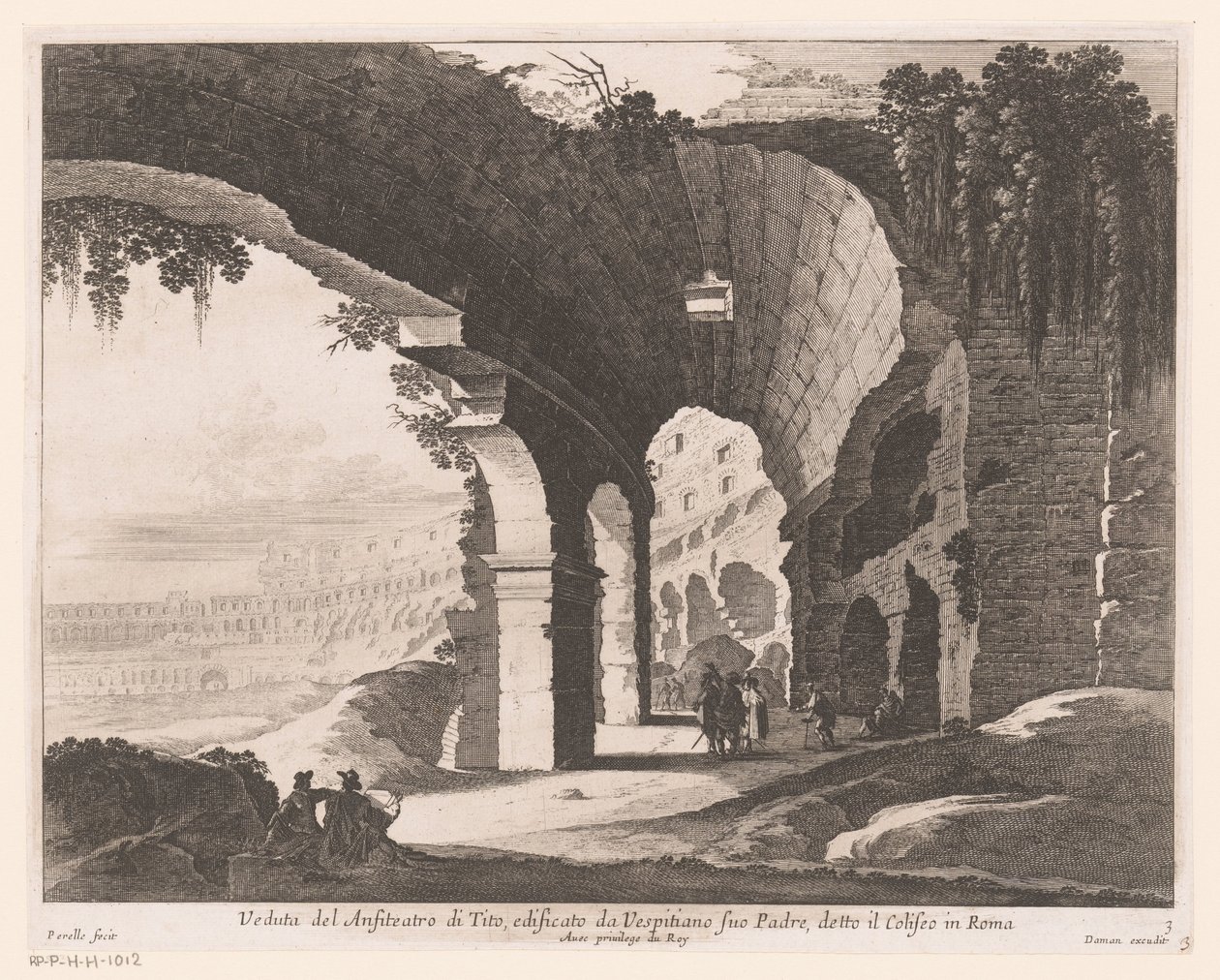 Utsikt over det indre av Colosseum Veduta del Anfiteatro di Tito, edificato da Vespitiano (...) (tittel på objekt) av Nicolas Perelle