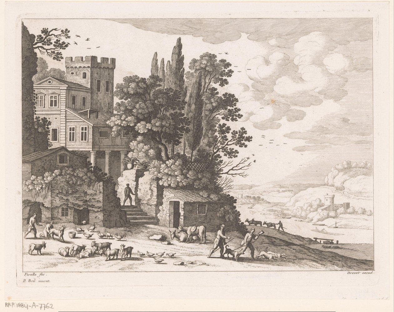 Landskap med hus, figurer og storfe av Nicolas Perelle