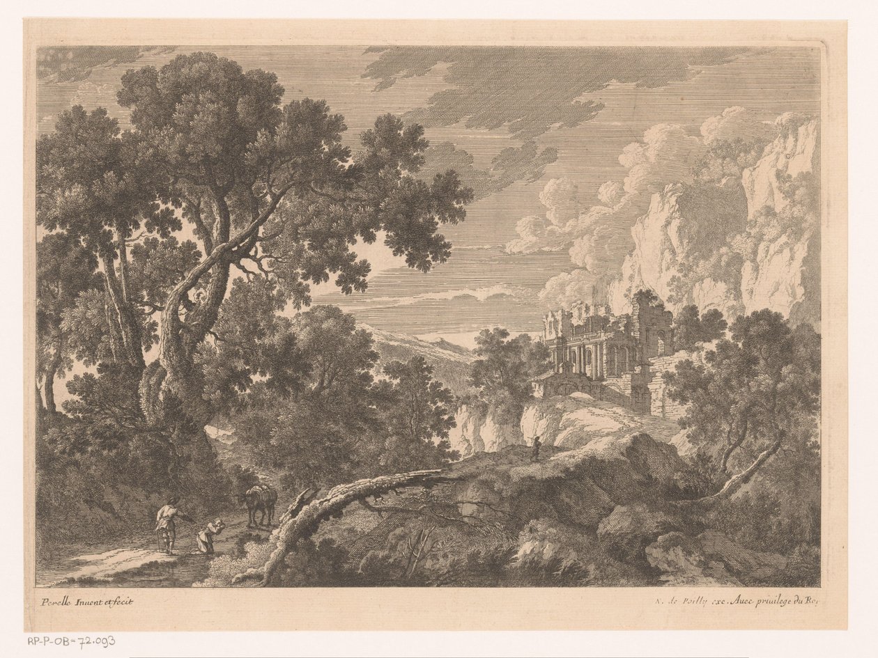 Landskap med en knelende figur ved et esel av Nicolas Perelle